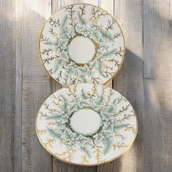 Antique R And Son Fine Porcelain Dish Plate Set 2 Dishes Plates Round IVY VTG - Picture 1 of 11